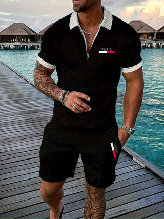 Casual Retro Plaid Printed PARIS Heat Transfer Patch Men's Beach Suit