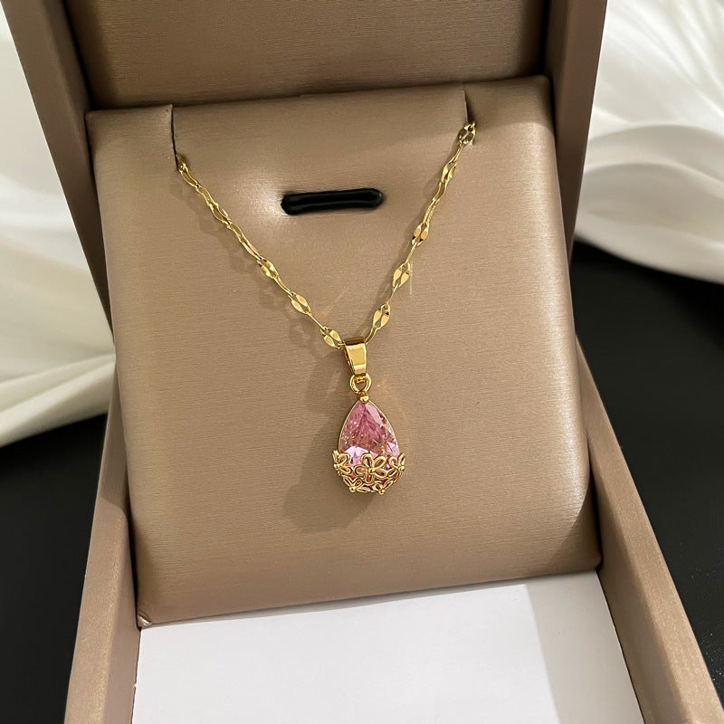 18k Gold Plated 316L Stainless Steel Pink Teardrop Zircon Anti-Tarnish Necklace