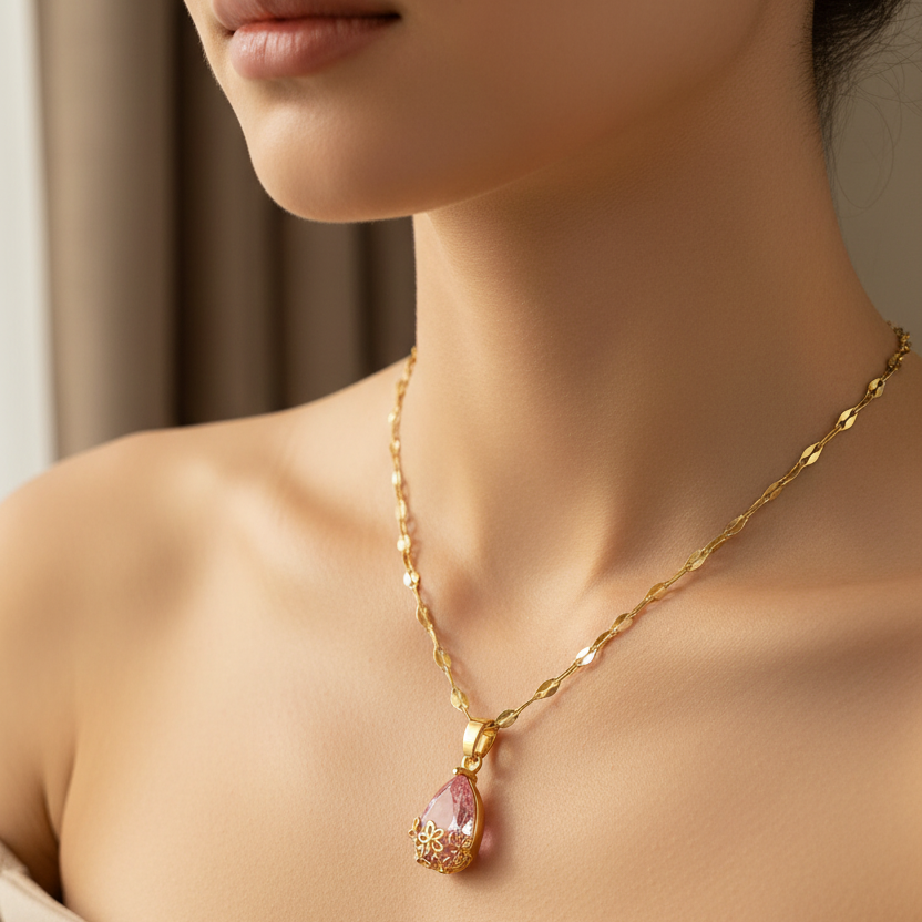 18k Gold Plated 316L Stainless Steel Pink Teardrop Zircon Anti-Tarnish Necklace