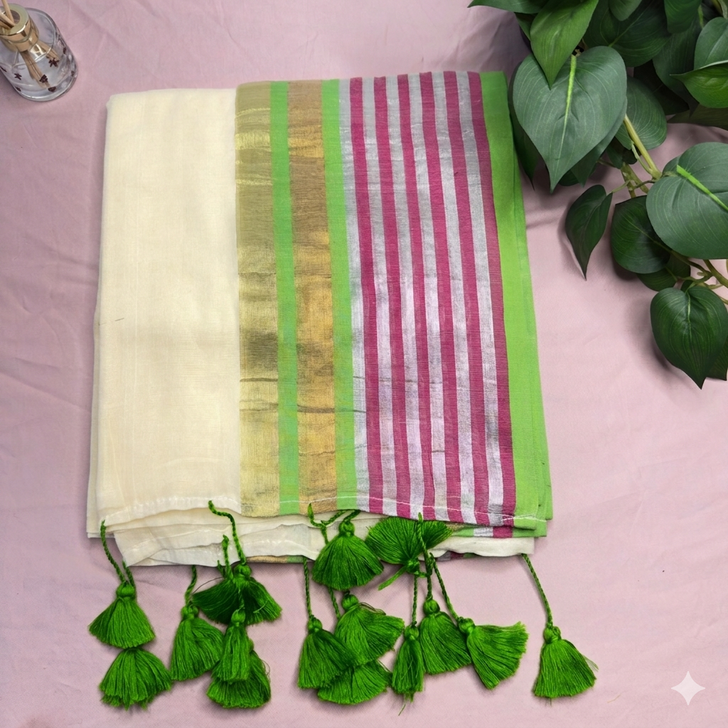 Elegant Off-White & Green Striped Mul Cotton Saree with Zari Border