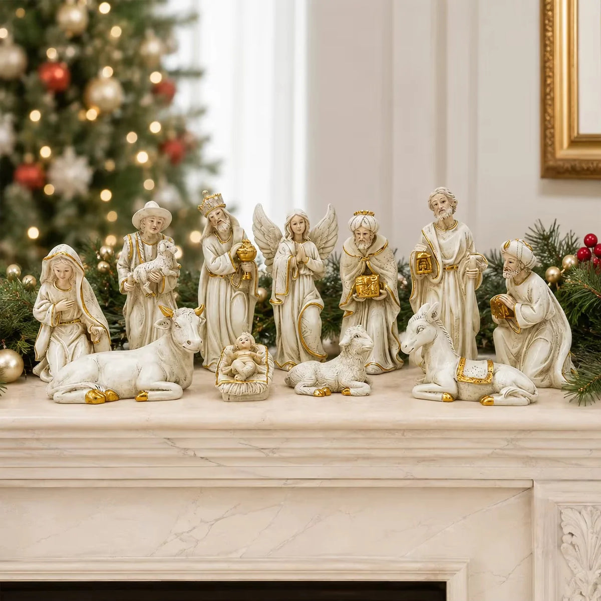 Handpainted Resin Nativity Set with Gold Accents - Christmas Manger Scene Figurines