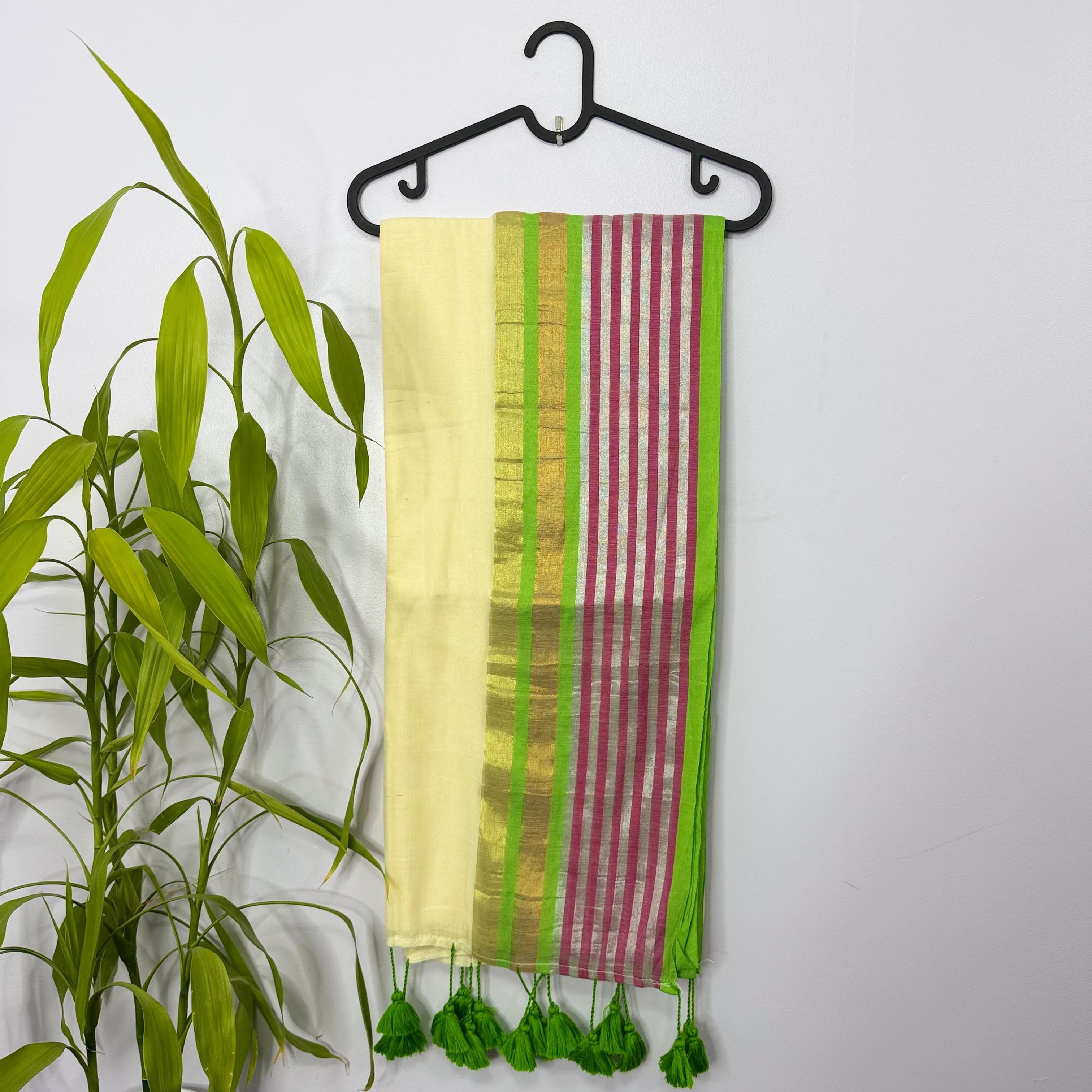Elegant Off-White & Green Striped Mul Cotton Saree with Zari Border