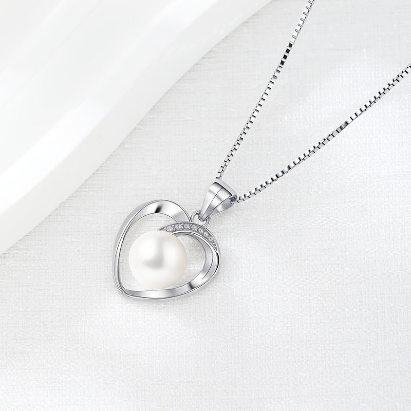S925 Sterling Silver Heart Pearl necklace with 5A Zirconia – Platinum Plated