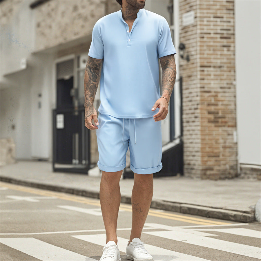 Men's Short Sleeve T-shirt Henley Shirt Casual Loose Suit