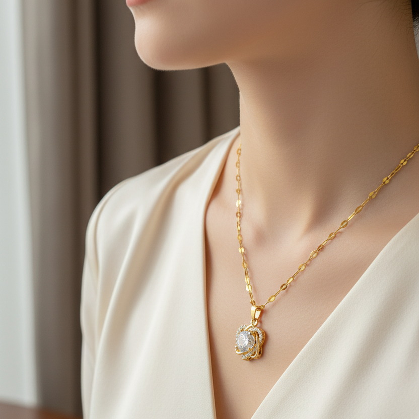 18K Gold Plated Interlocking Heart Crystal Pendant Necklace | Waterproof & Anti-Tarnish Stainless Steel Jewelry