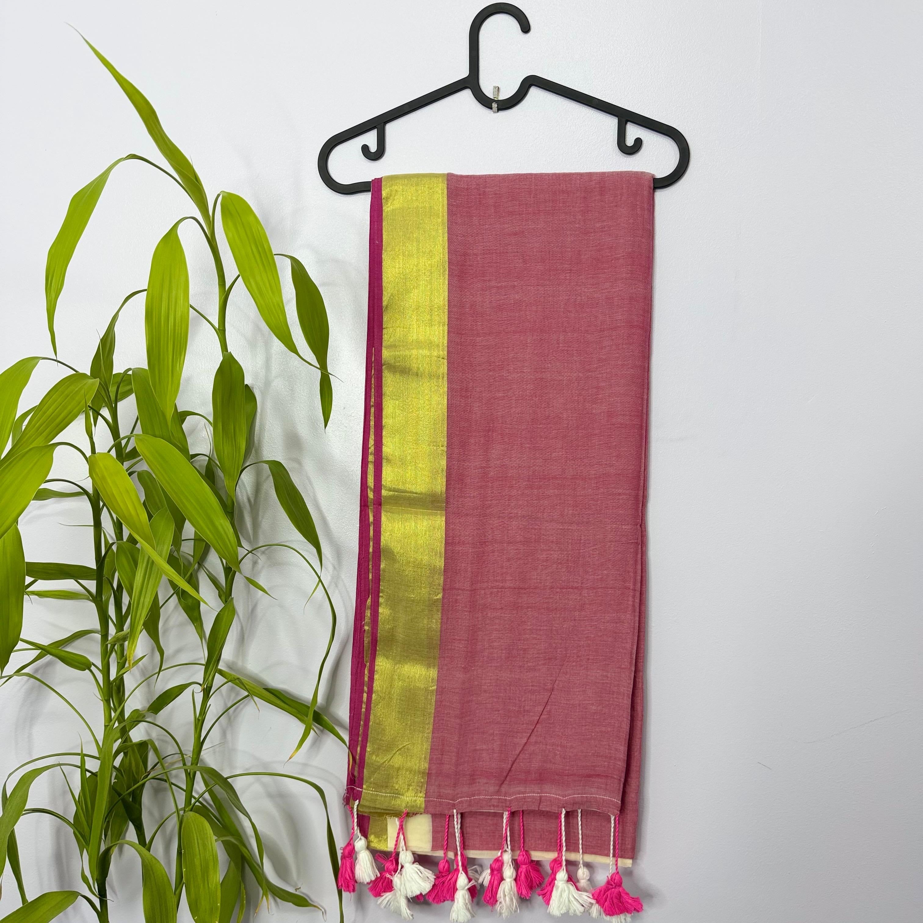 Elegant Rose Pink & Gold Zari Border Mul Cotton Saree