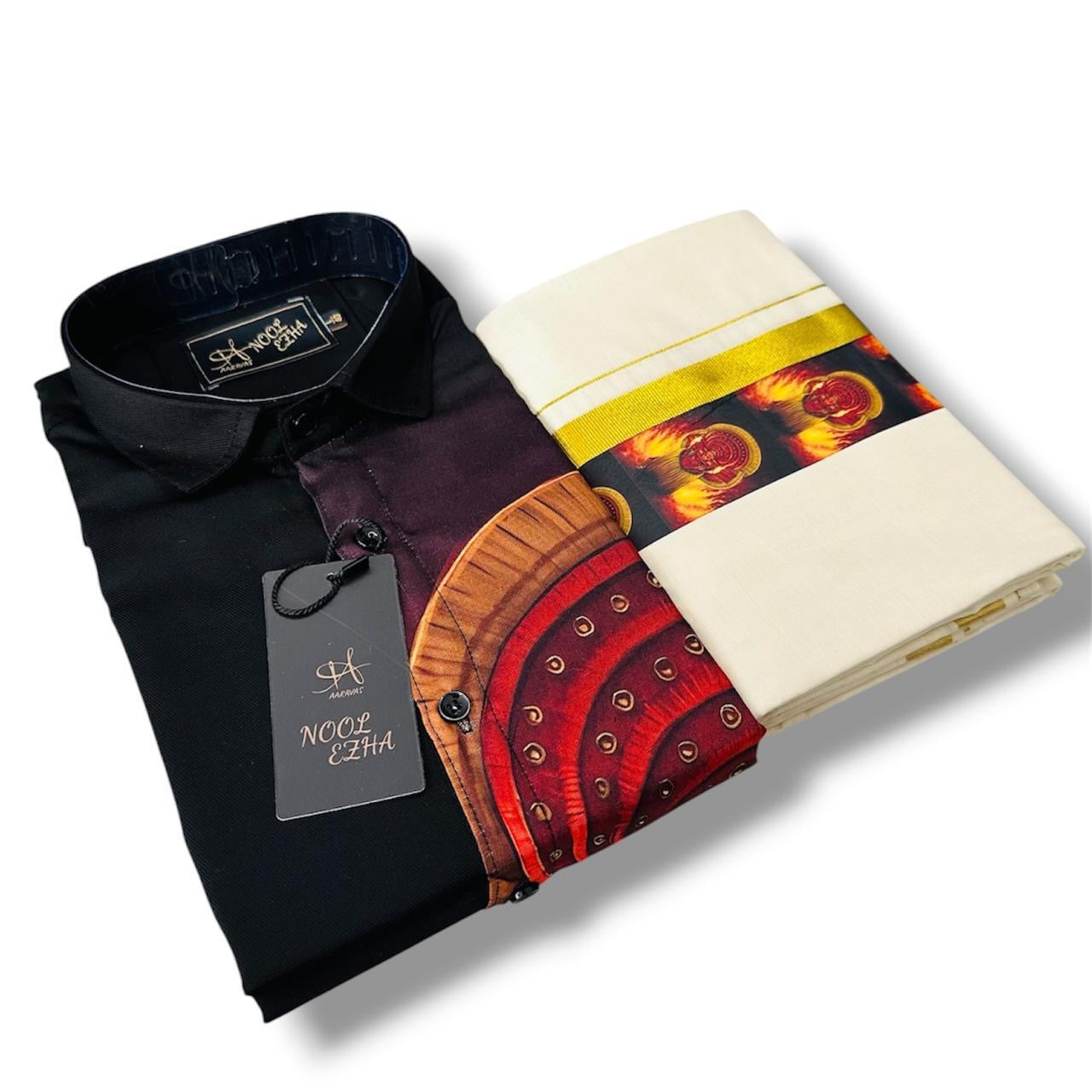 Designer Kerala Mundu and Black Shirt Set with Theyyam Print