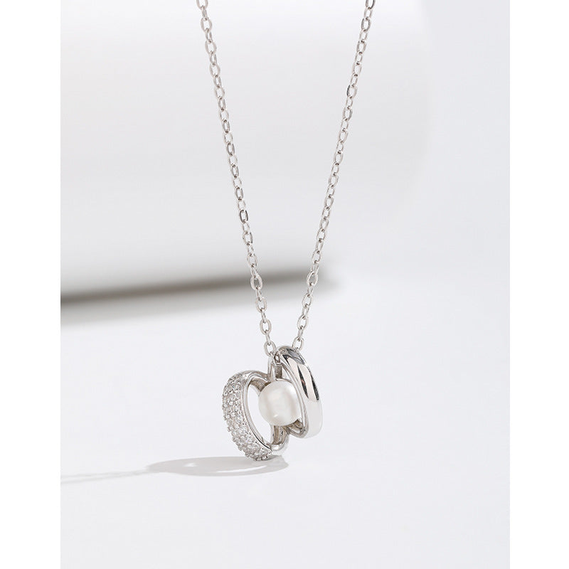 925 Sterling Silver Pearl Necklace Platinum Plated with 5A Zirconia