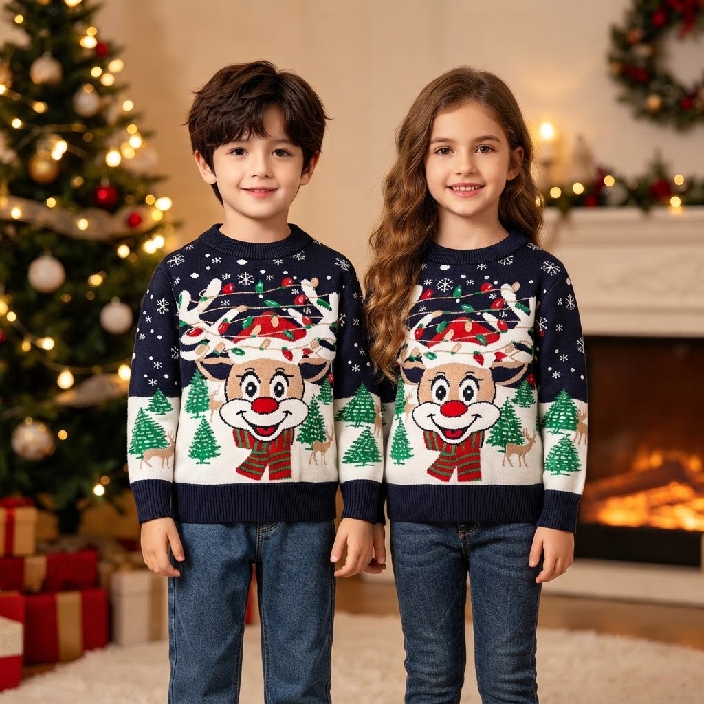 Navy Blue Kids Christmas Jumper - Reindeer Knit Sweater