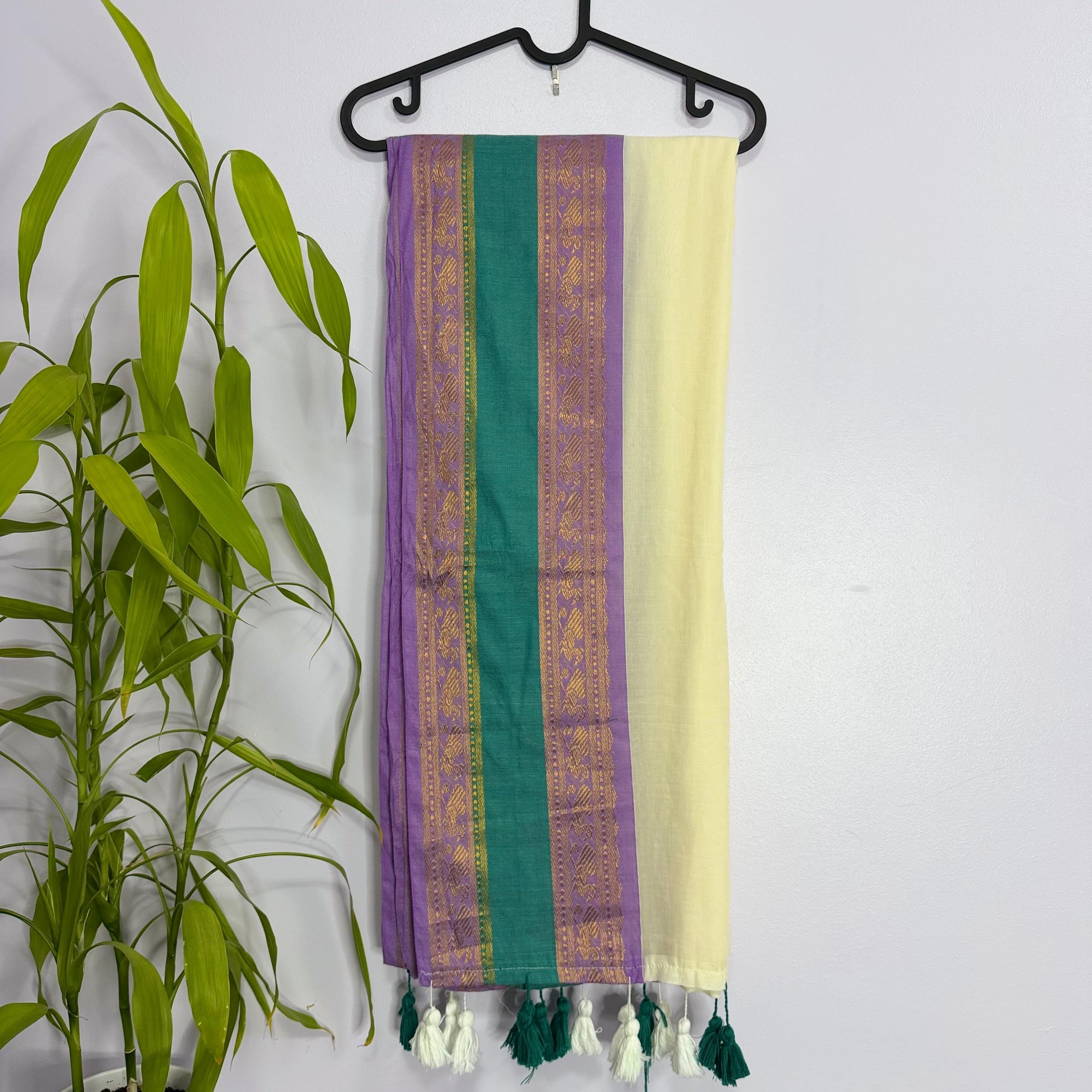 Elegant Purple & Teal Mul Cotton Saree with Gold Zari Border