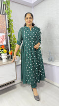 Thread Work Mul Chiffon Three-Piece Salwar Set with Dupatta-BOTTLE GREEN
