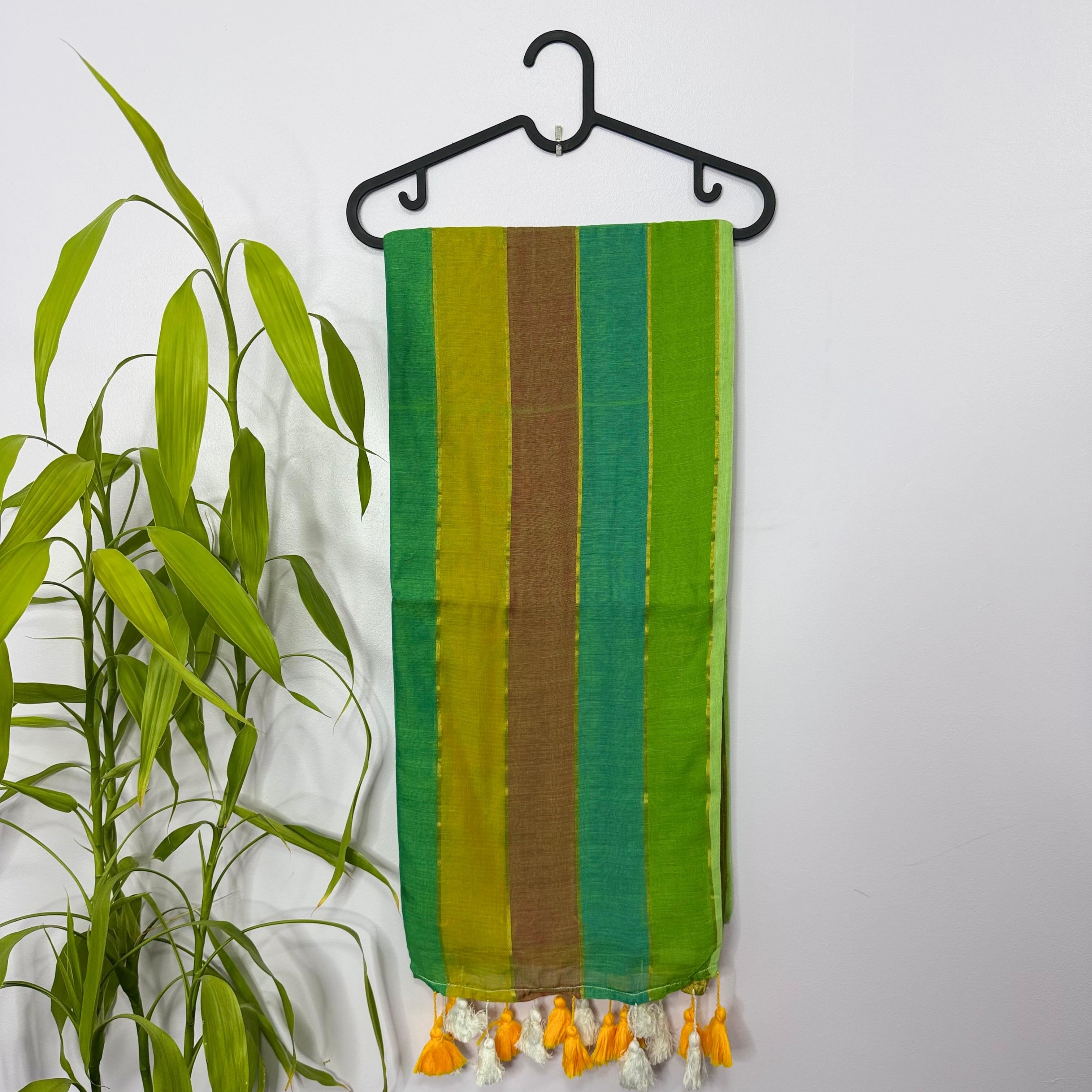 Refreshing Green & Yellow Striped Mul Cotton Saree with Tassels