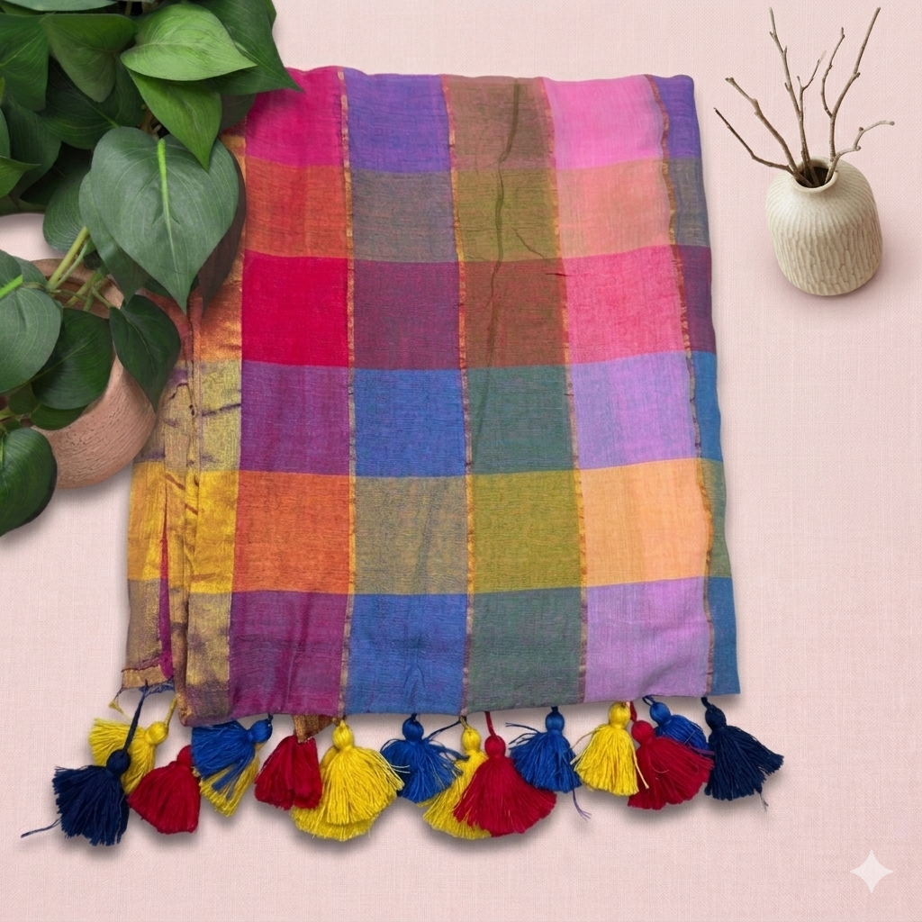 Vibrant Multicolored Checkered Mul Cotton Saree with Festive Tassels