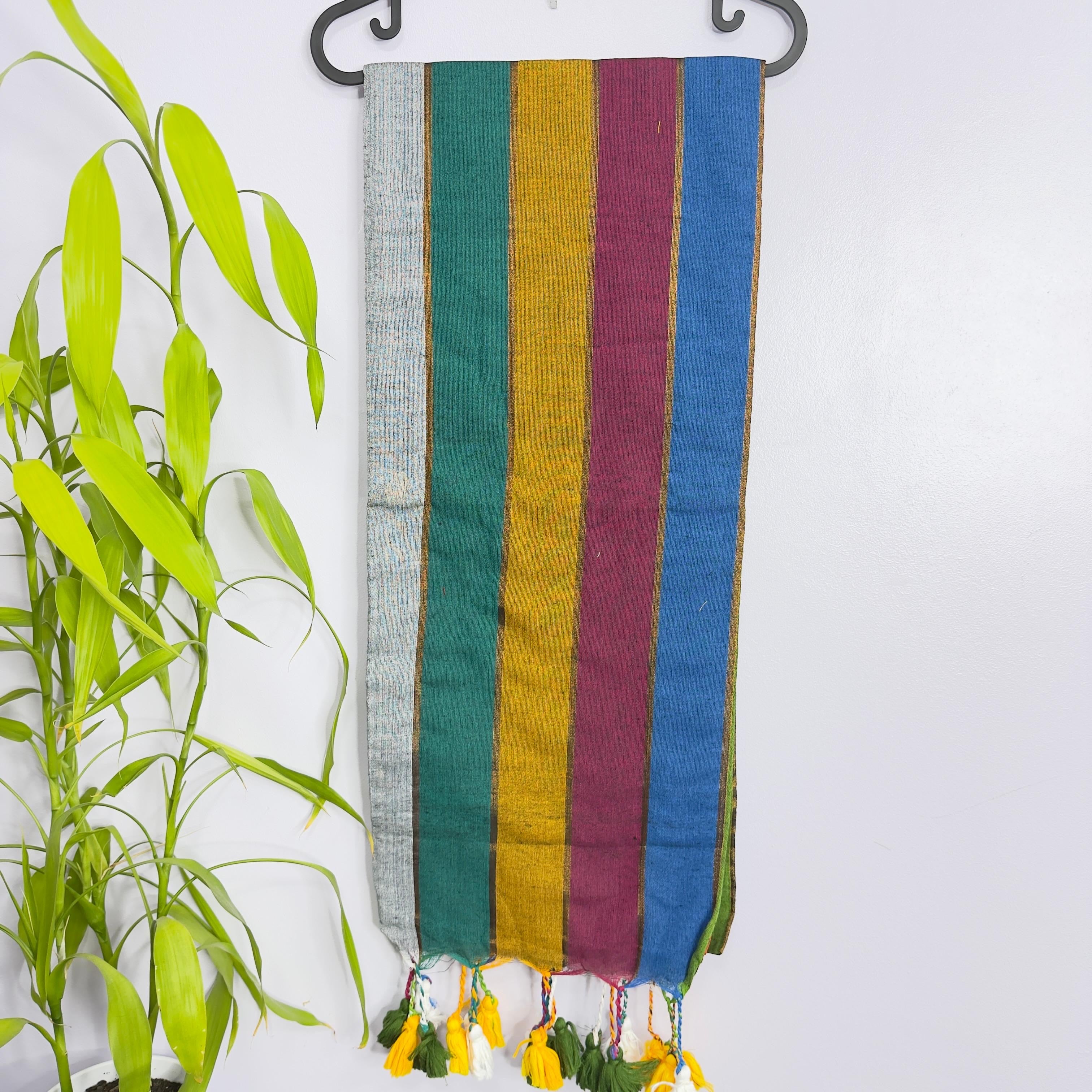 Vibrant Multi-Striped Mul Cotton Saree with Decorative Tassels