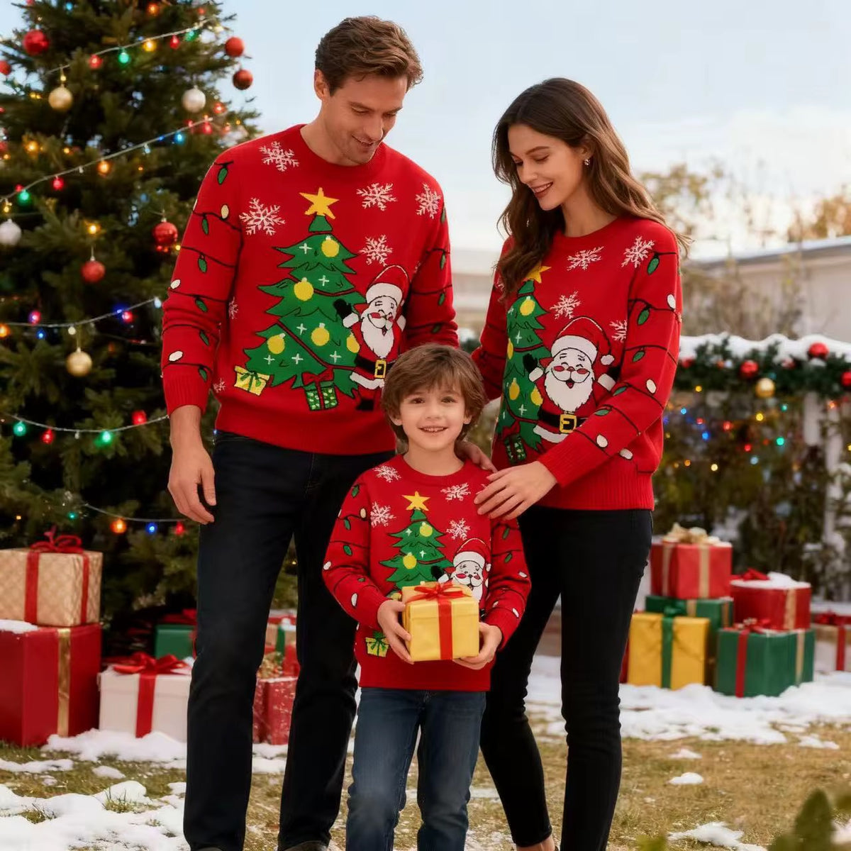 Red Kids Christmas Jumper - Santa & Tree Knit Sweater