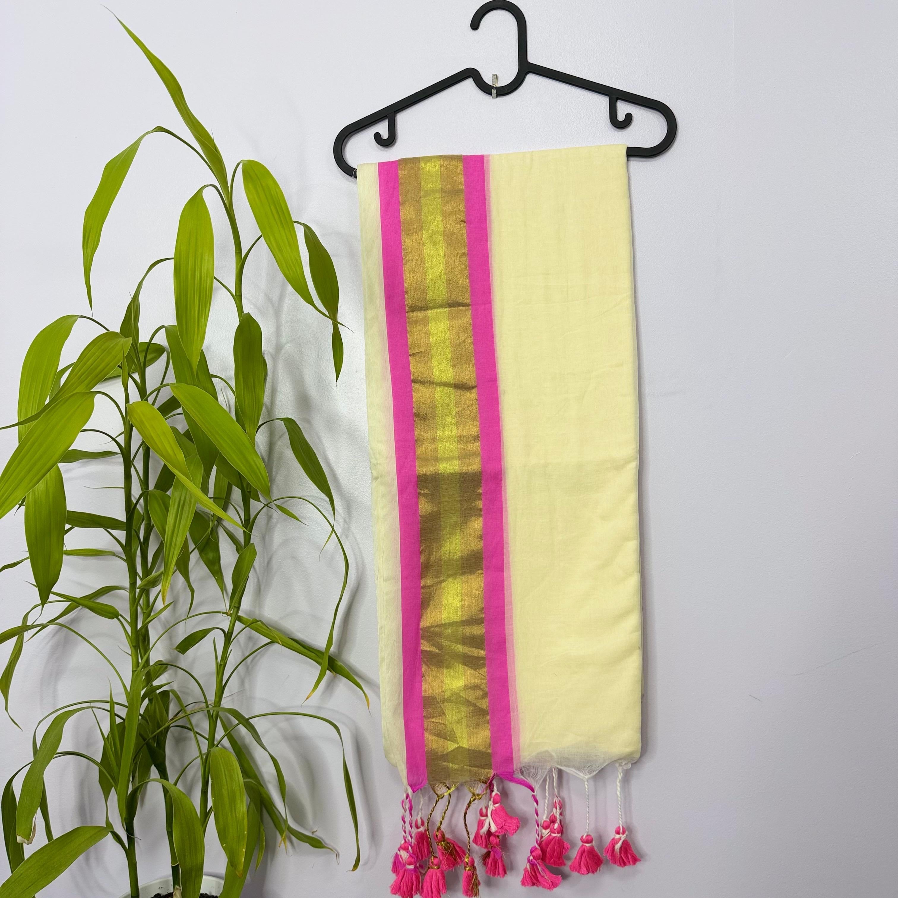 Elegant Off-White & Pink Mul Cotton Saree with Zari Border