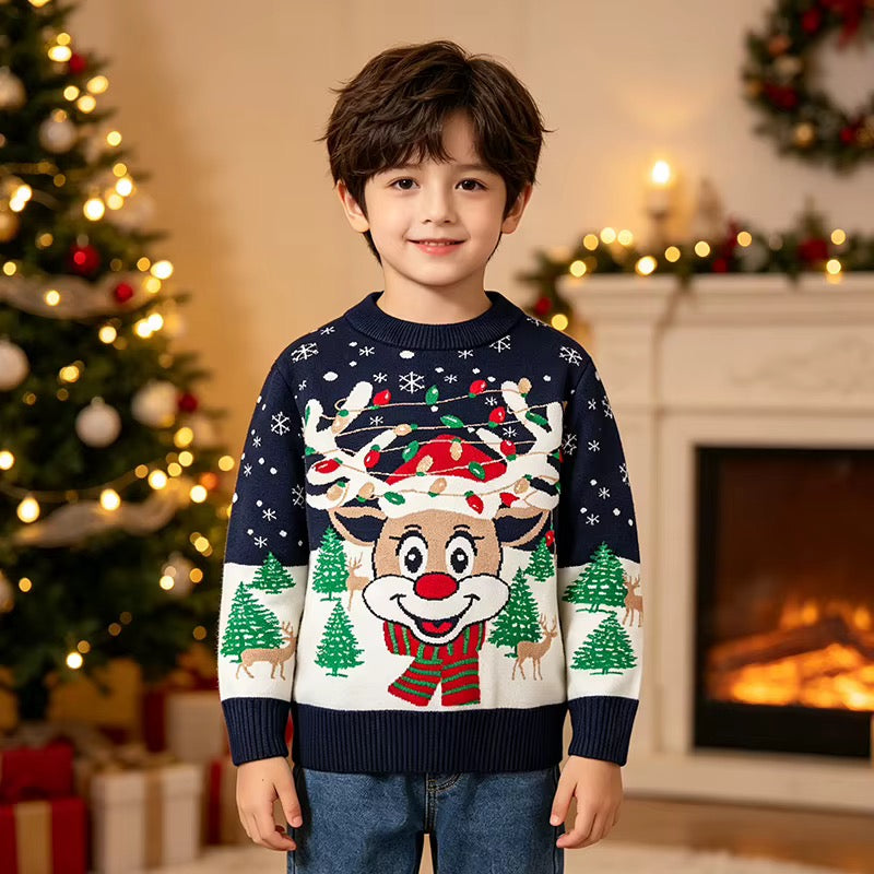 Navy Blue Kids Christmas Jumper - Reindeer Knit Sweater