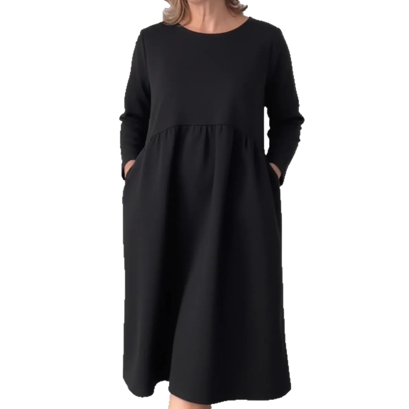 Solid-color Pleated Crew-neck Long-sleeve Dress With Pockets