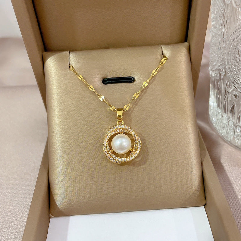 18K Gold Plated 316L Stainless Steel Waterproof Interlocking Circle Pearl Zirconia Necklace