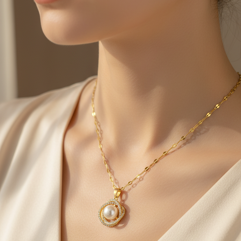18K Gold Plated 316L Stainless Steel Waterproof Interlocking Circle Pearl Zirconia Necklace