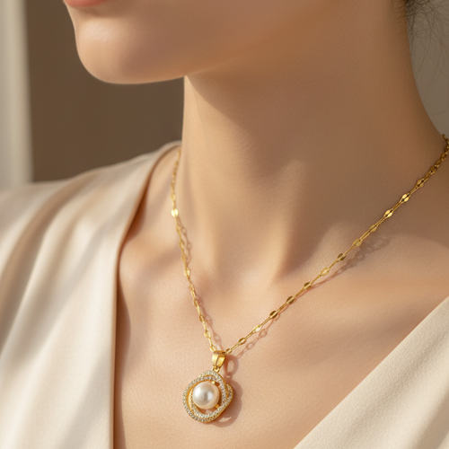 18K Gold Plated 316L Stainless Steel Waterproof Interlocking Circle Pearl Zirconia Necklace