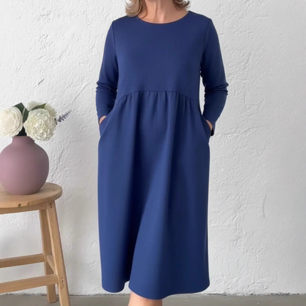 Solid-color Pleated Crew-neck Long-sleeve Dress With Pockets