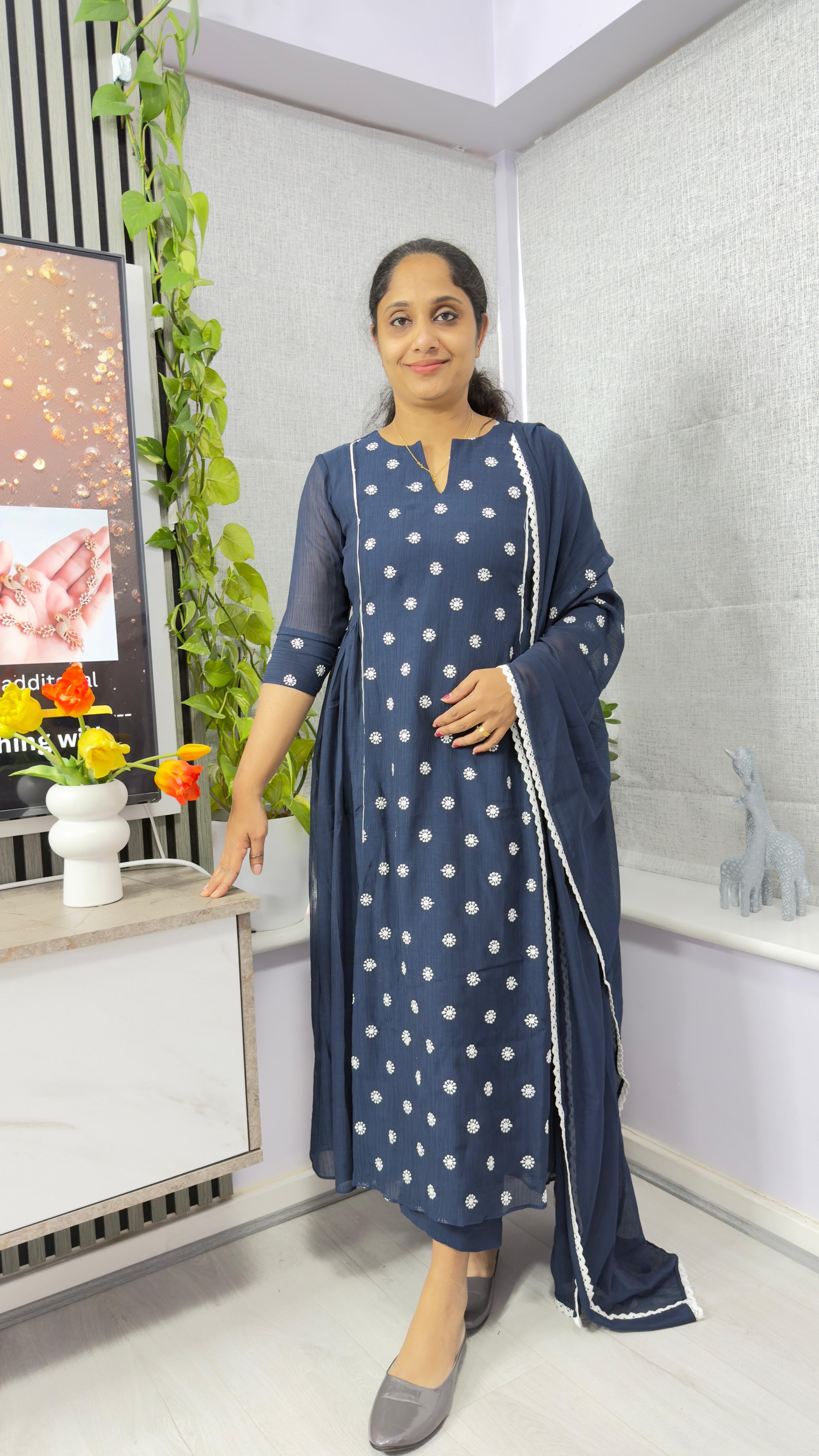 Thread Work Mul Chiffon Three-Piece Salwar Set with Dupatta-NAVY