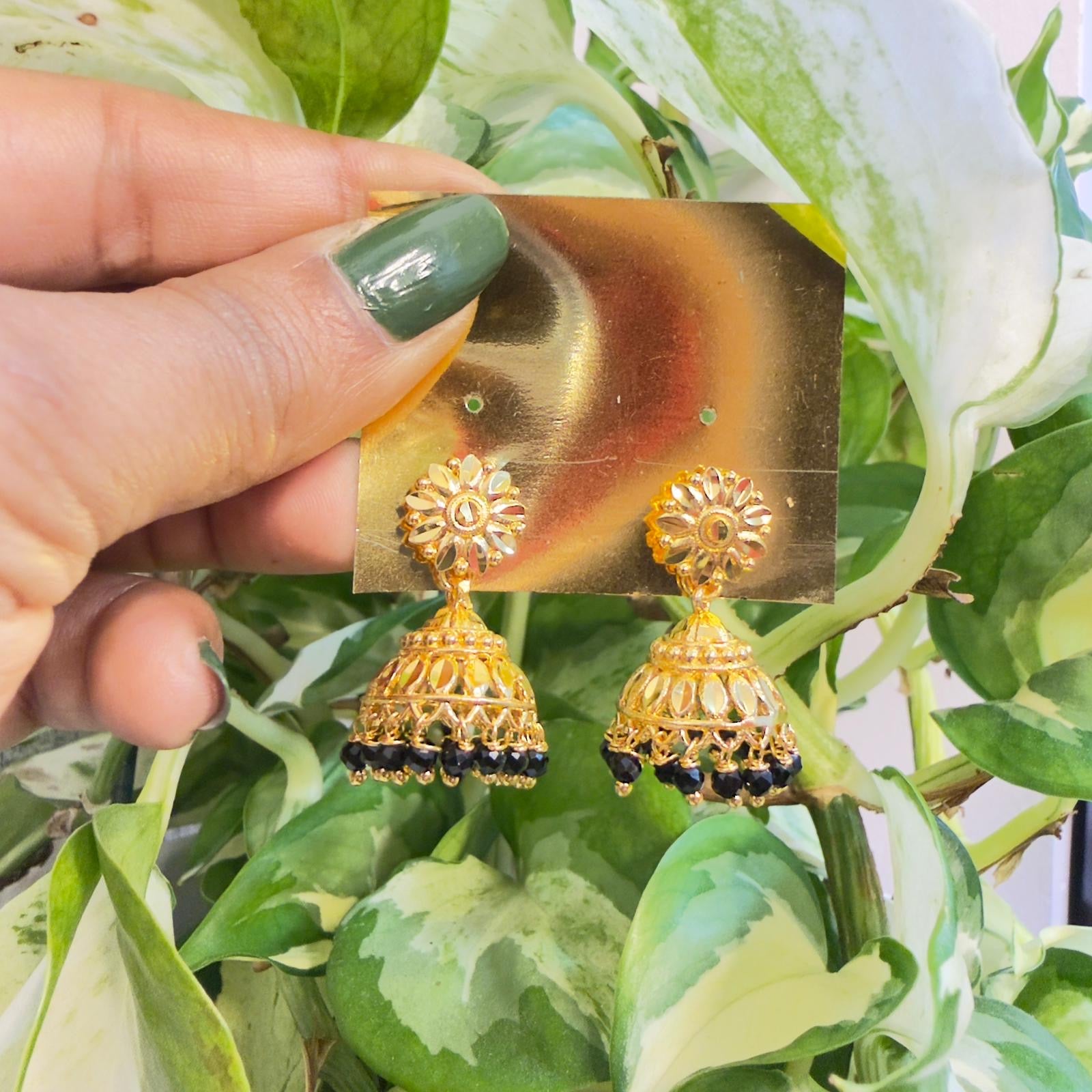 Gold-Plated Traditional Jhumka Earrings with Black Beads