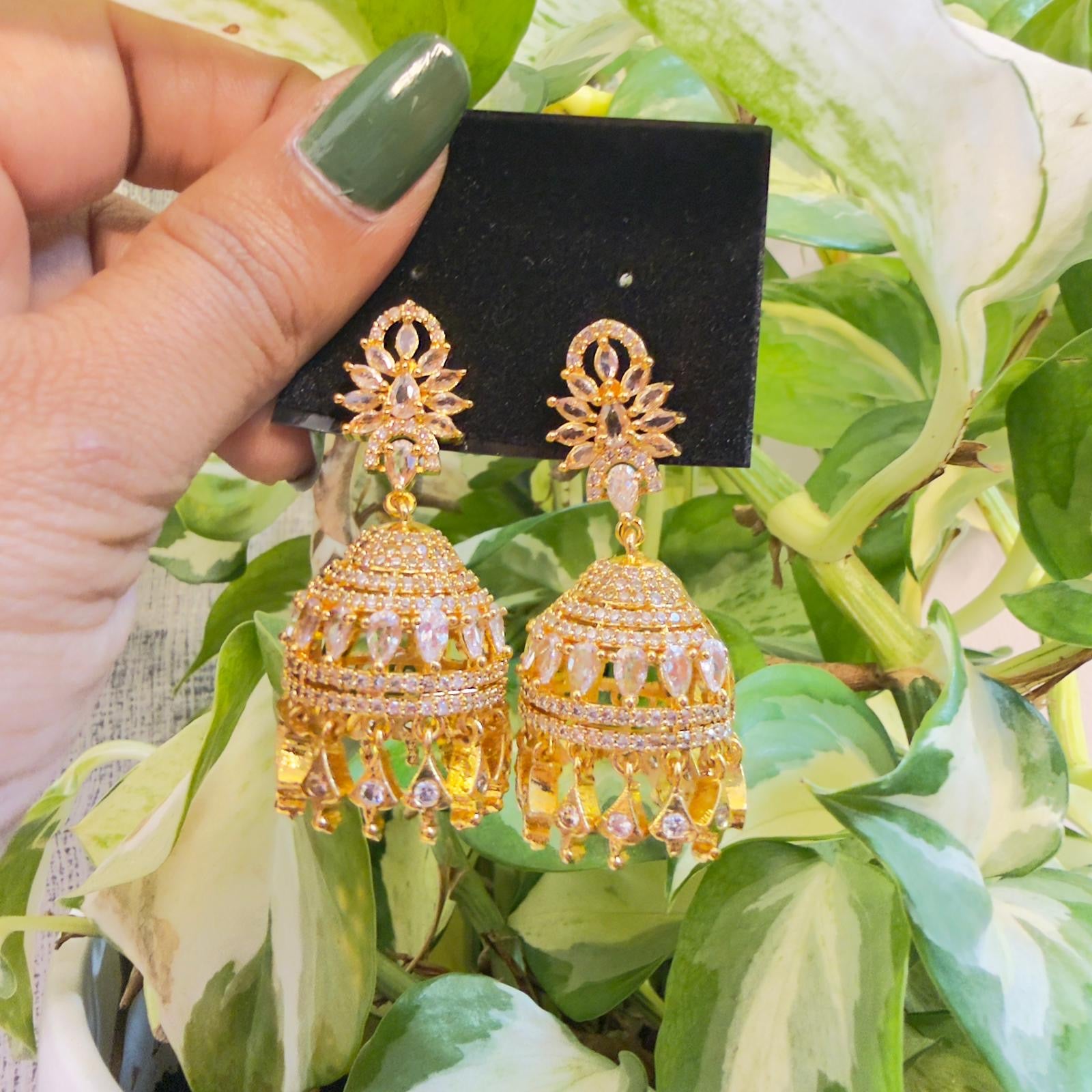 Traditional Ethnic Jhumkas Featuring White stone Accents