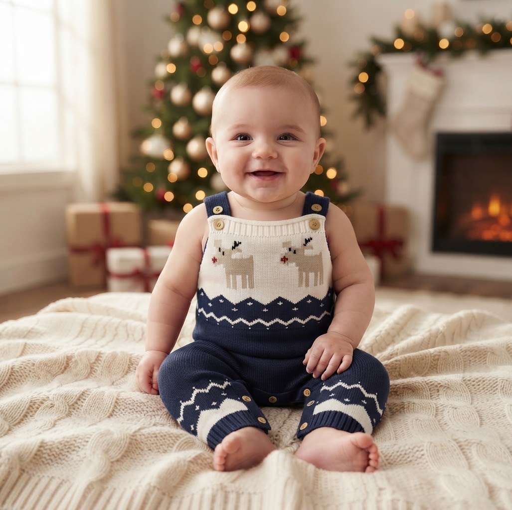 Navy Blue Baby Christmas Jumper - Reindeer Knit Romper