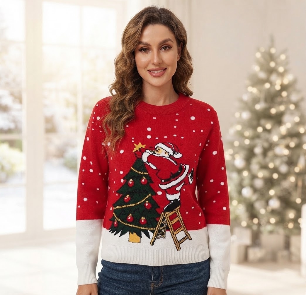 Red Adult Christmas Jumper - Santa & Tree Knit Sweater