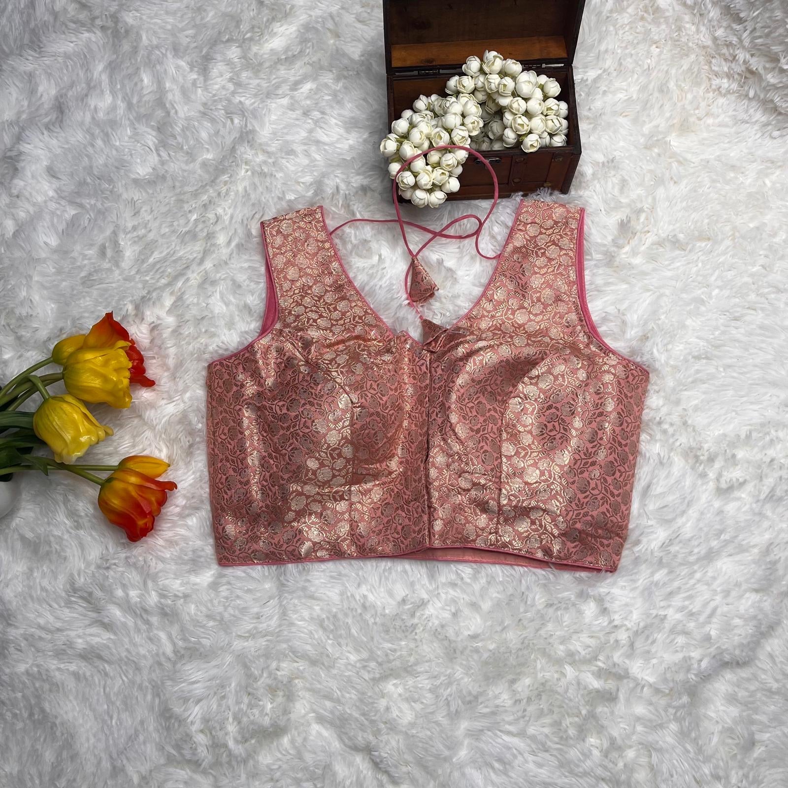 Peach pink brocade blouse