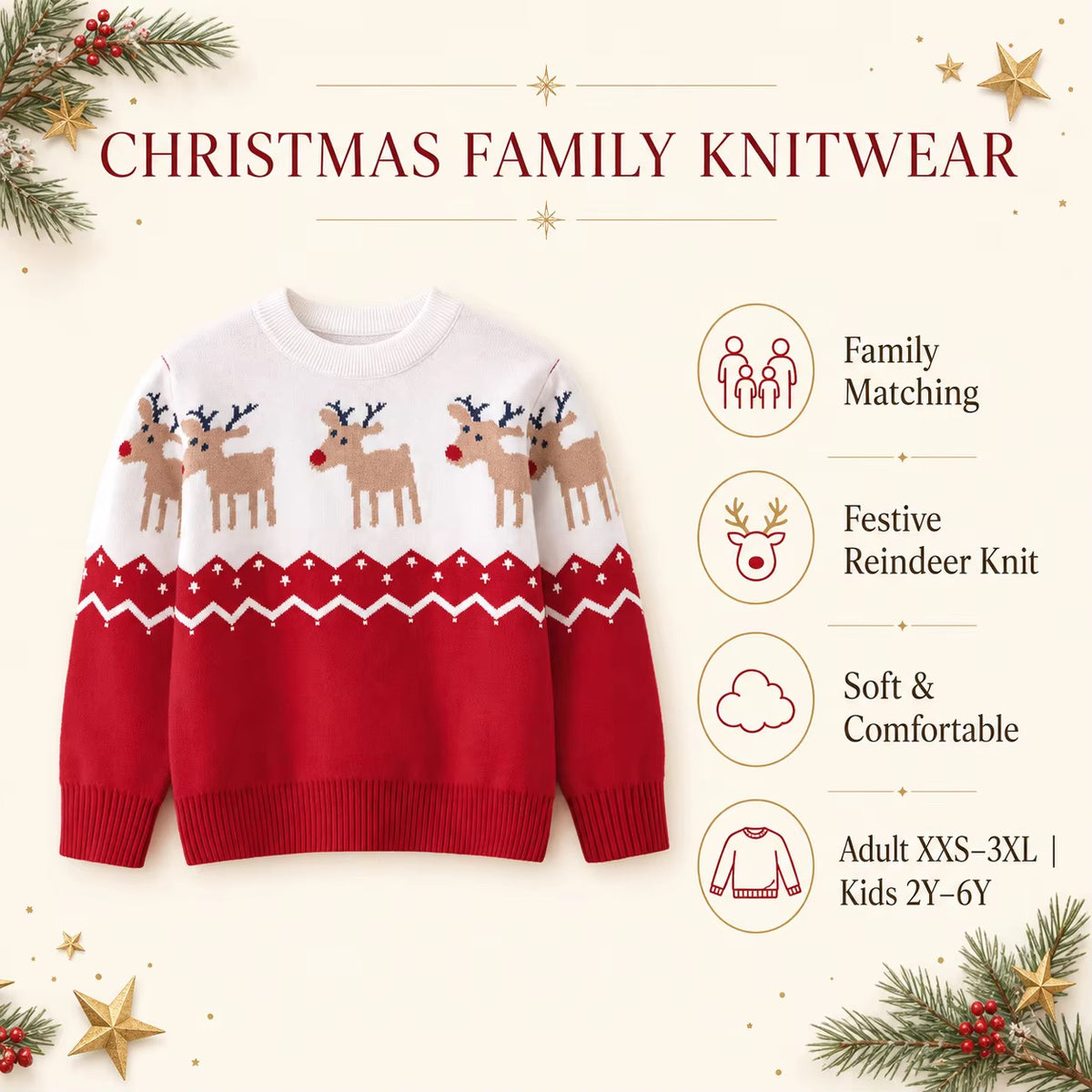 Red Adult Christmas Jumper - Reindeer Fair Isle Knit