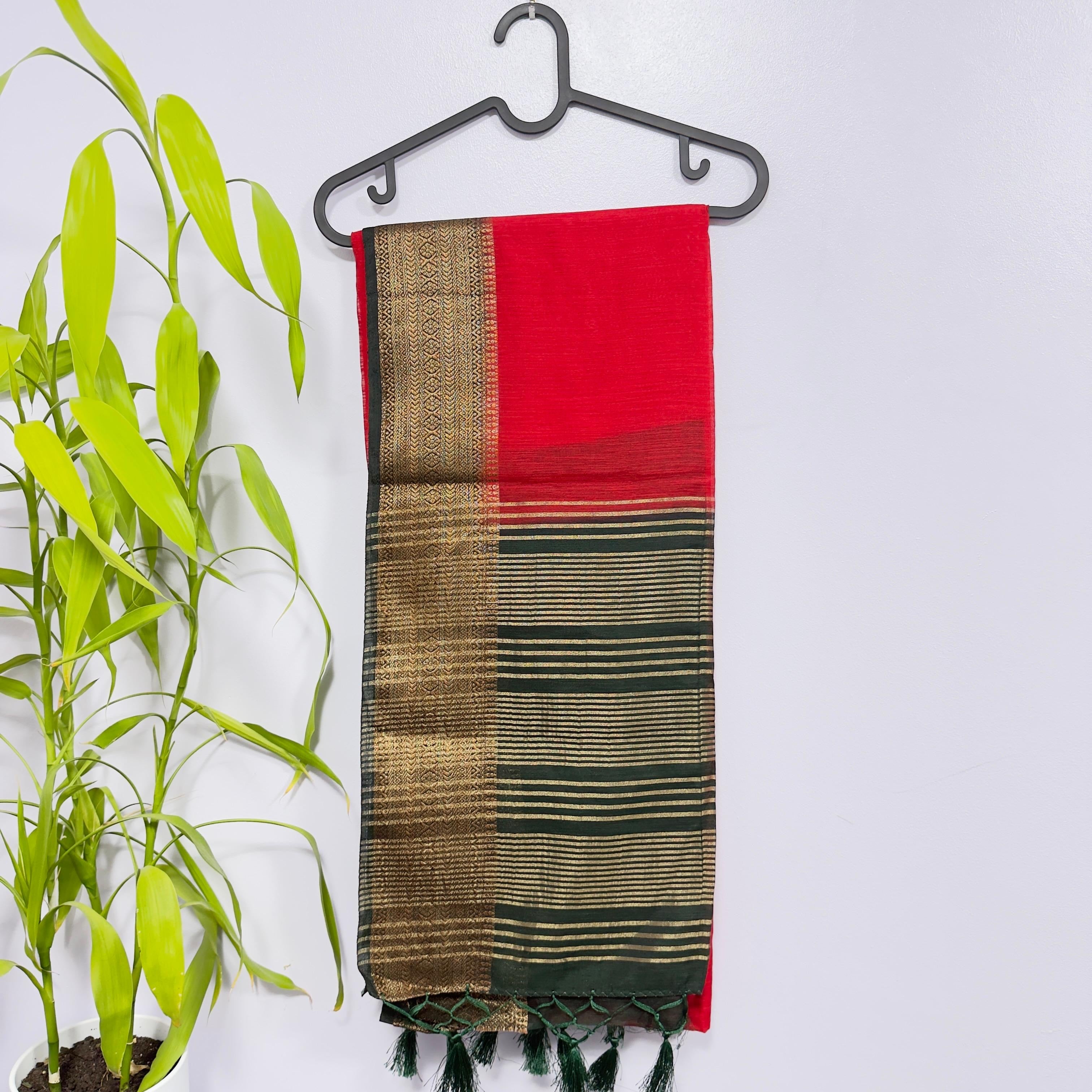 Elegant Red and Green Semi Jute Saree with Golden Zari Border