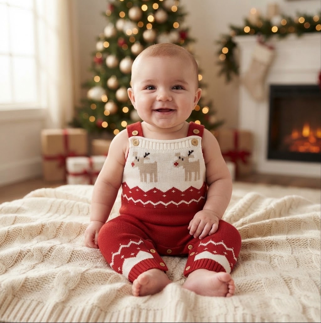 Red Baby Christmas Jumper - Reindeer Knit Romper