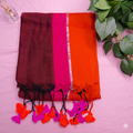 Vibrant Maroon, Pink & Orange Striped Mul Cotton Saree with Tassels