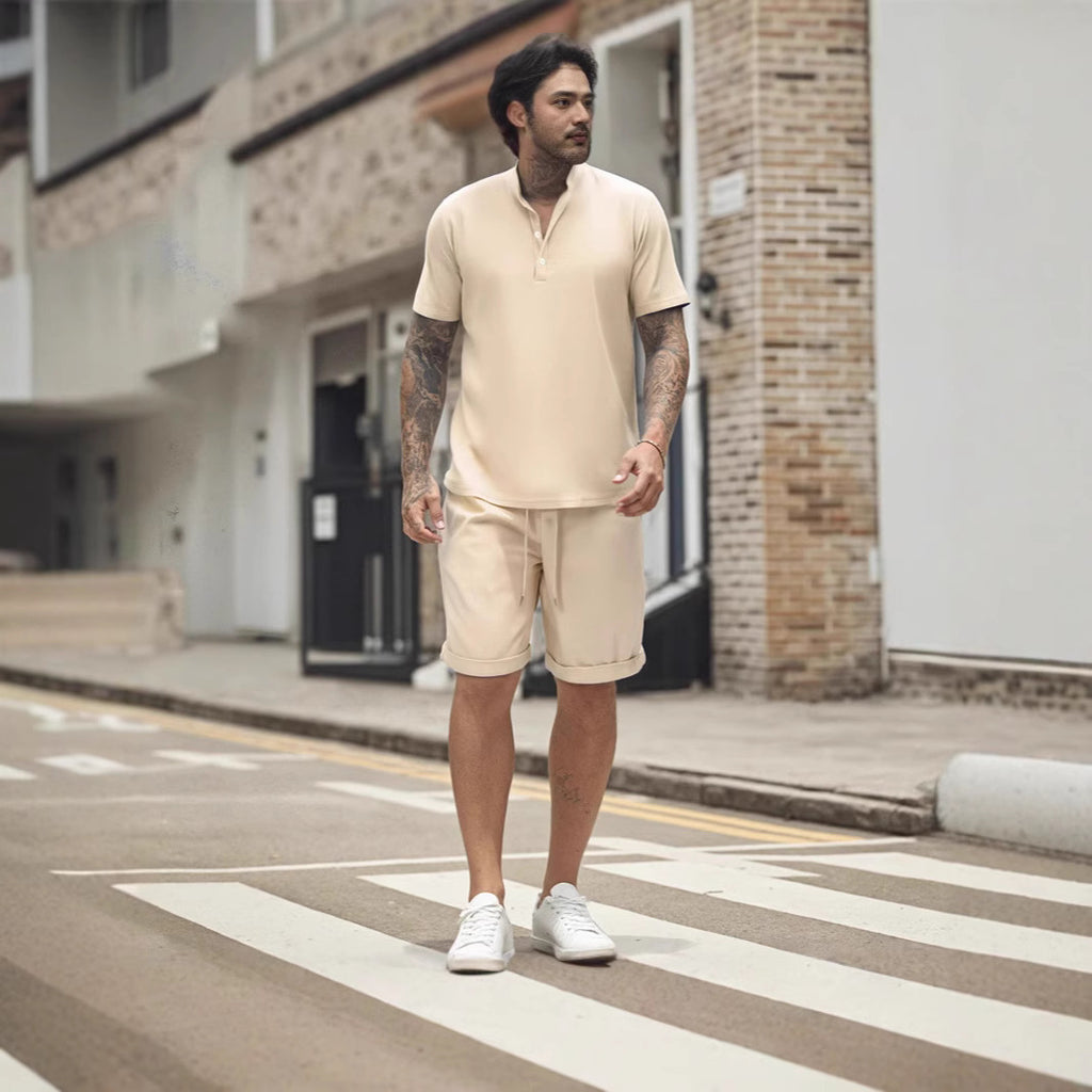 Men's Short Sleeve T-shirt Henley Shirt Casual Loose Suit