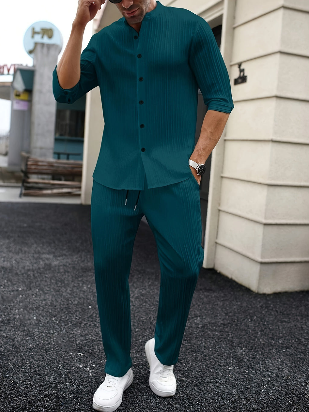 Mens Solid-Color SpringSummer Shirt And Pants Set