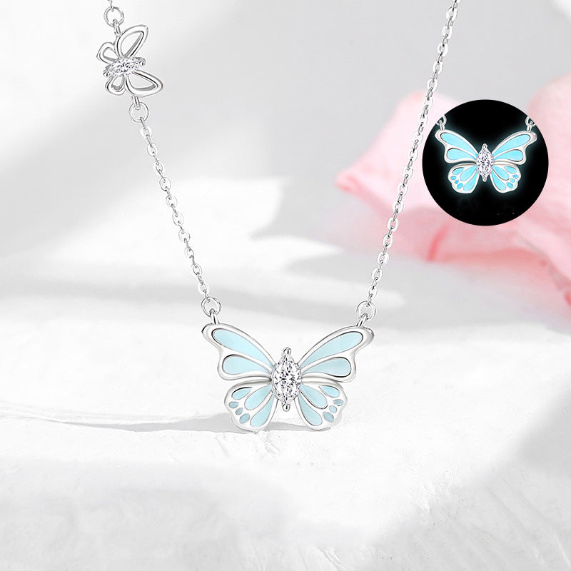 Platinum-Plated S925 Sterling Silver Butterfly Pendant with Light Blue Glowing 5A Zirconia