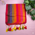 Radiant Sunset-Hued Striped Mul Cotton Saree with Playful Tassels