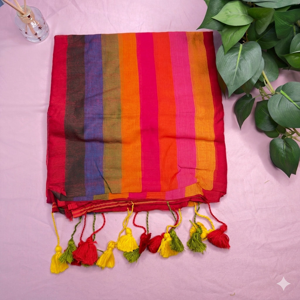 Radiant Sunset-Hued Striped Mul Cotton Saree with Playful Tassels