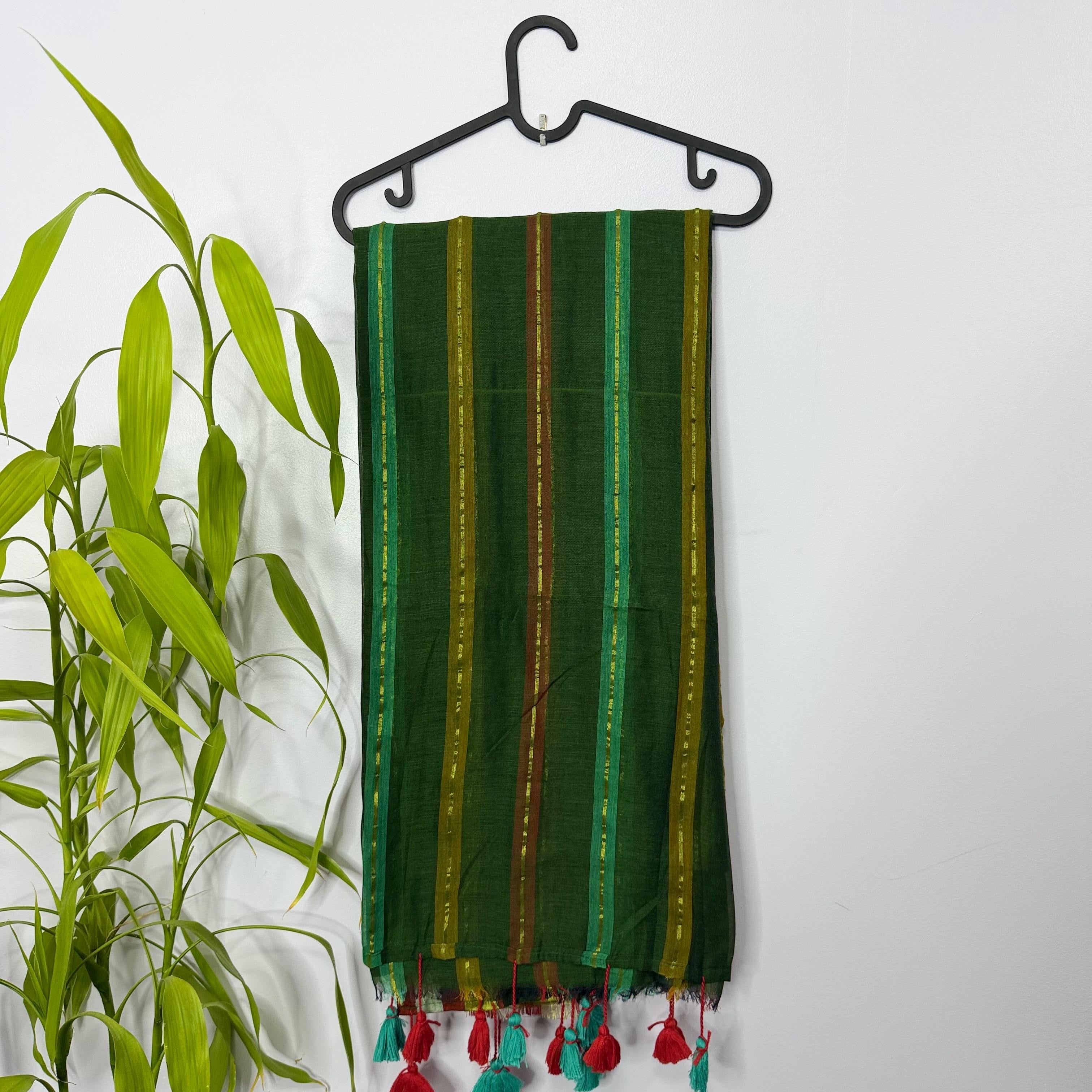 Earth-Toned Striped Mul Cotton Saree with Playful Tassels