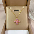 18K Gold Plated Pink Flower Clover Necklace | Waterproof Zirconia 316L Stainless Steel Jewelry