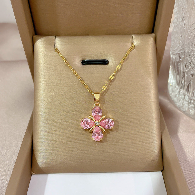 18K Gold Plated Pink Flower Clover Necklace | Waterproof Zirconia 316L Stainless Steel Jewelry