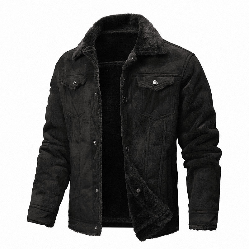 Fur-trimmed Lapel Jacket For Men, Winter Fleece-lined Coat