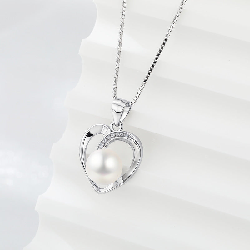 S925 Sterling Silver Heart Pearl necklace with 5A Zirconia – Platinum Plated