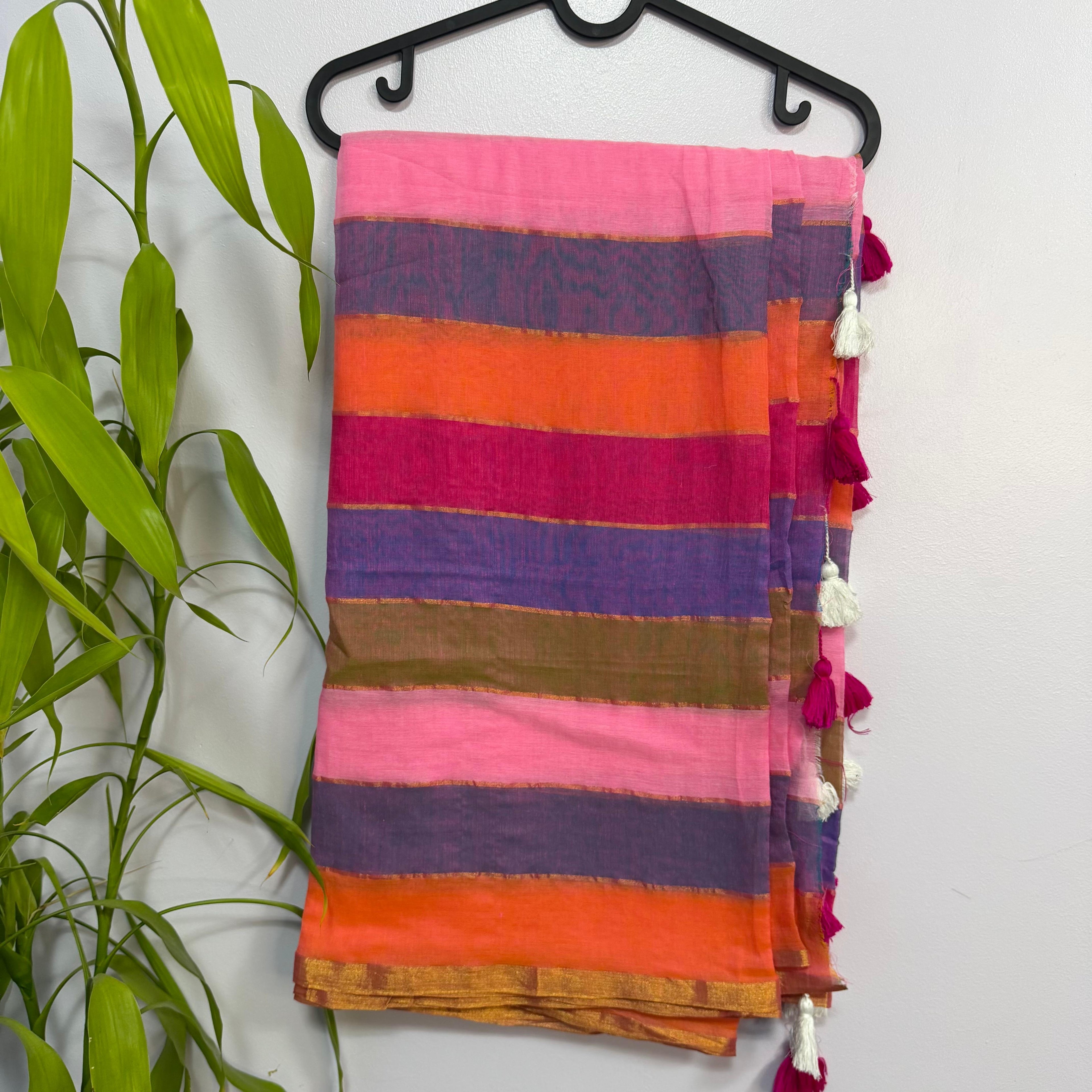 Elegant Magenta, Purple & Pink Striped Mul Cotton Saree with Zari Detail