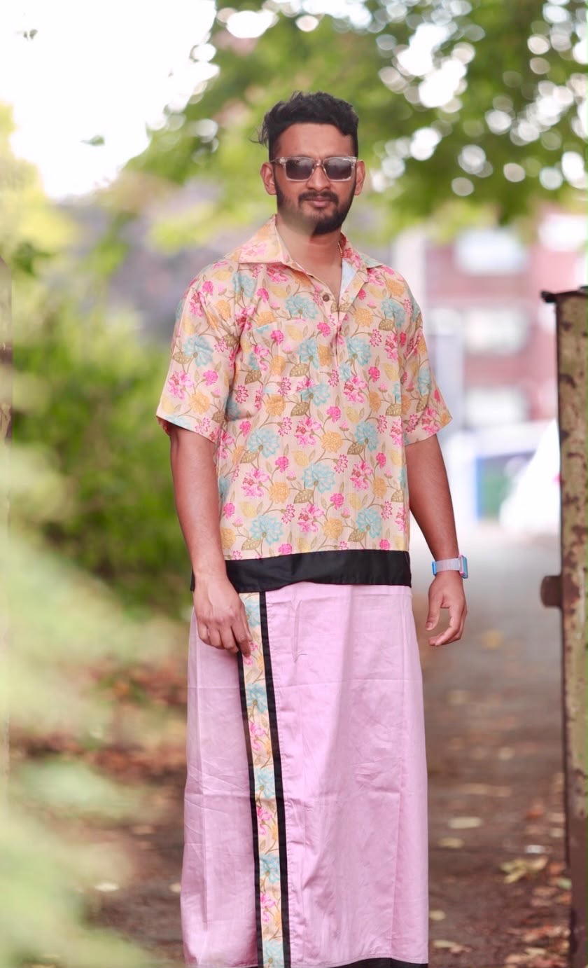 Kaishi Men's Floral Print Pink Single-Piece Shirt and Dhoti Set