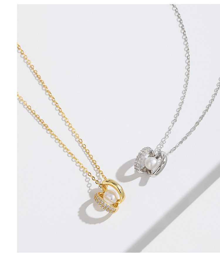 925 Sterling Silver Pearl Necklace Platinum Plated with 5A Zirconia