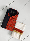 Designer Kerala Mundu and Shirt Set with Geometric Print